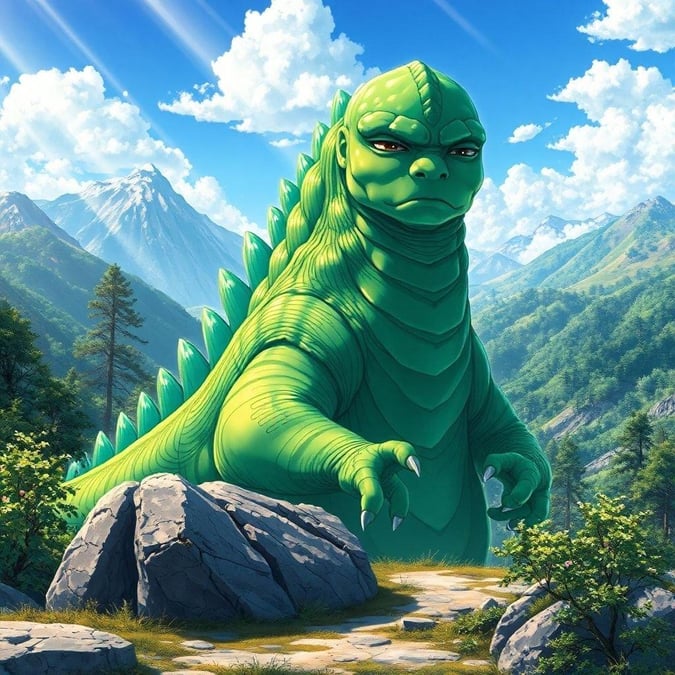 Immerse yourself in the tranquil world of anime with this breathtaking illustration of a giant kaiju peacefully resting on a rock amidst a serene mountain landscape. The vibrant green and yellow hues of the creature's body blend harmoniously with the natural backdrop, creating a captivating scene that exudes a sense of calm and wonder.