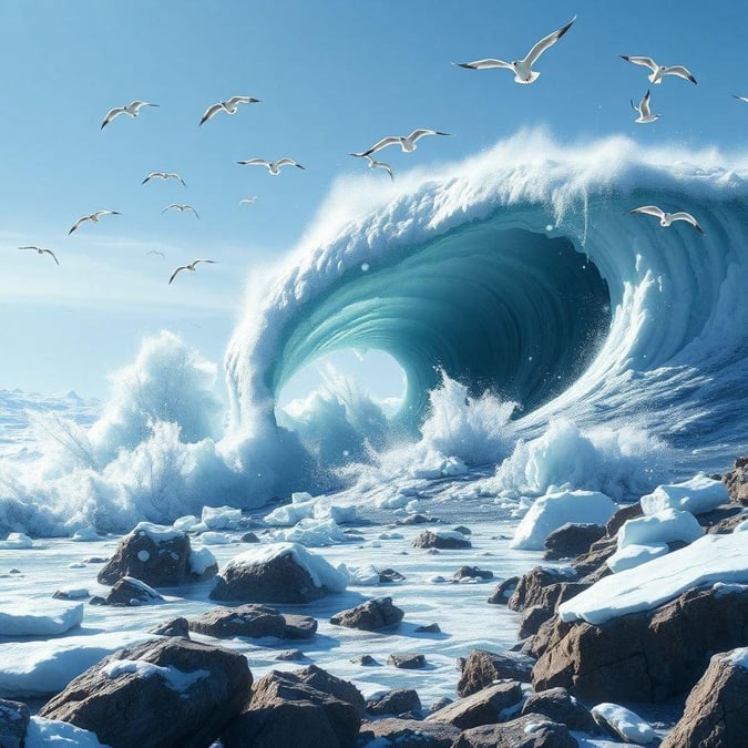 A stunning image of a wave crashing against a rocky shore, with seagulls flying overhead and a clear blue sky in the background.