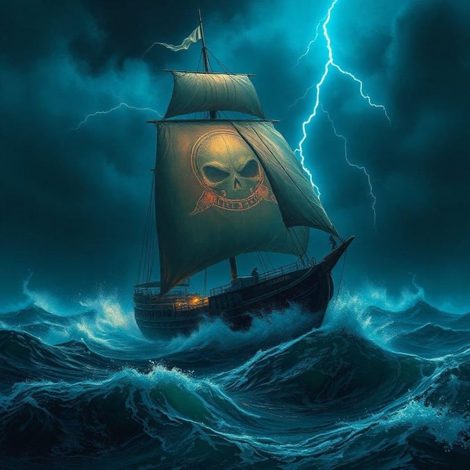 A pirate ship braves the stormy seas on Halloween, with a skull and crossbones as its mascot.