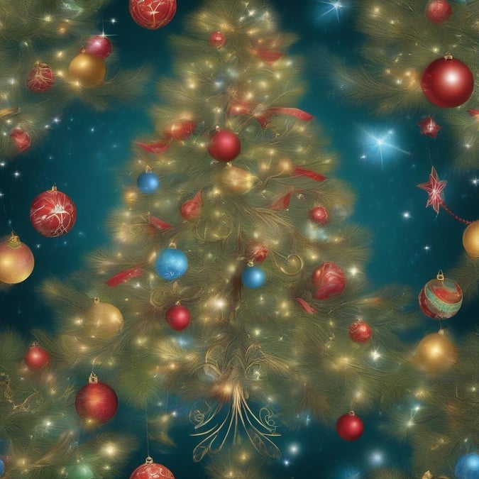 Glitters of golden, silver, red, green, and blue baubles dangle from a lush pine tree on a dark night sky backdrop, illuminating the festive scene with a warm, magical glow.