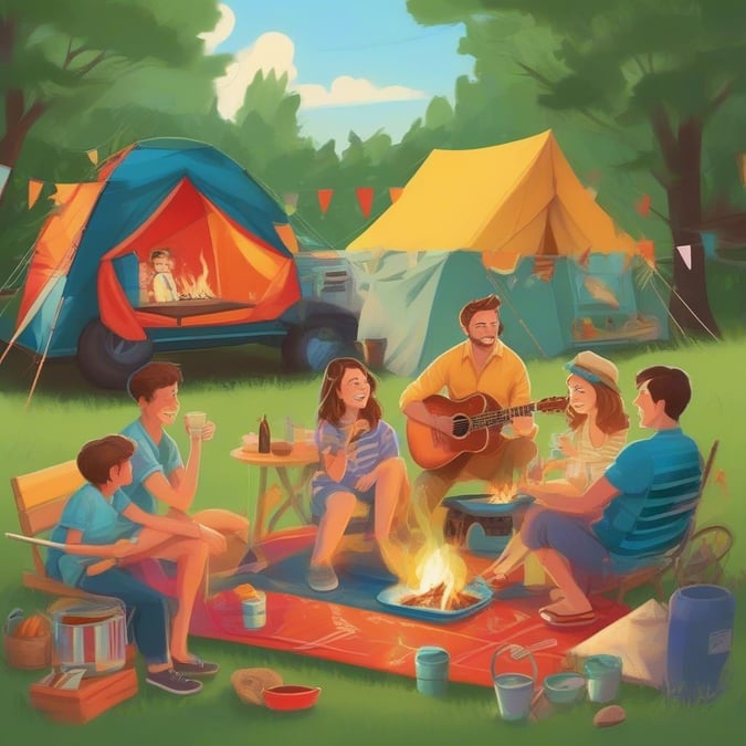 A heartwarming scene of a family enjoying a Father's Day camping trip in the great outdoors, surrounded by nature and the comfort of campsite essentials.