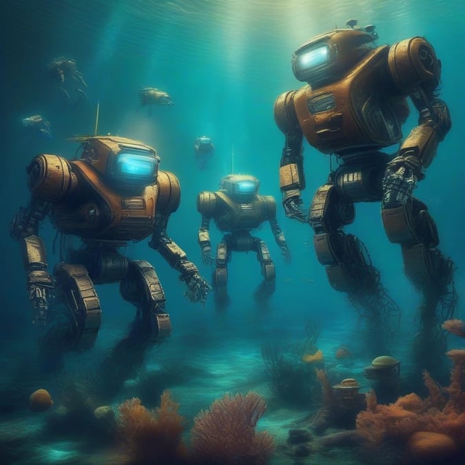 A group of industrial robots navigates the ocean floor, ready to explore the depths.