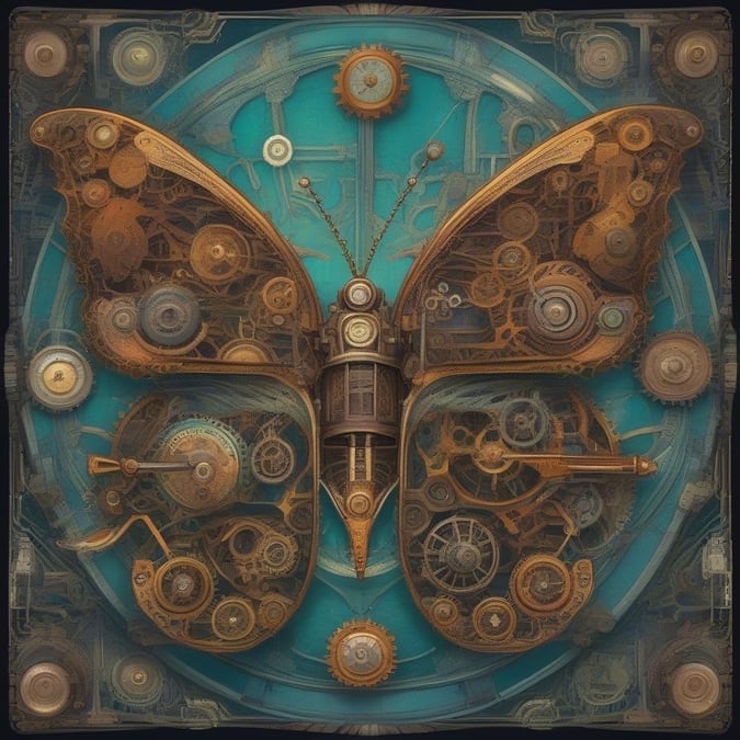 Dive into a fantastical world where gears and clockwork transform into living beings. This artistic wallpaper showcases intricate machinery as the body of a butterfly, blending science with nature's beauty.