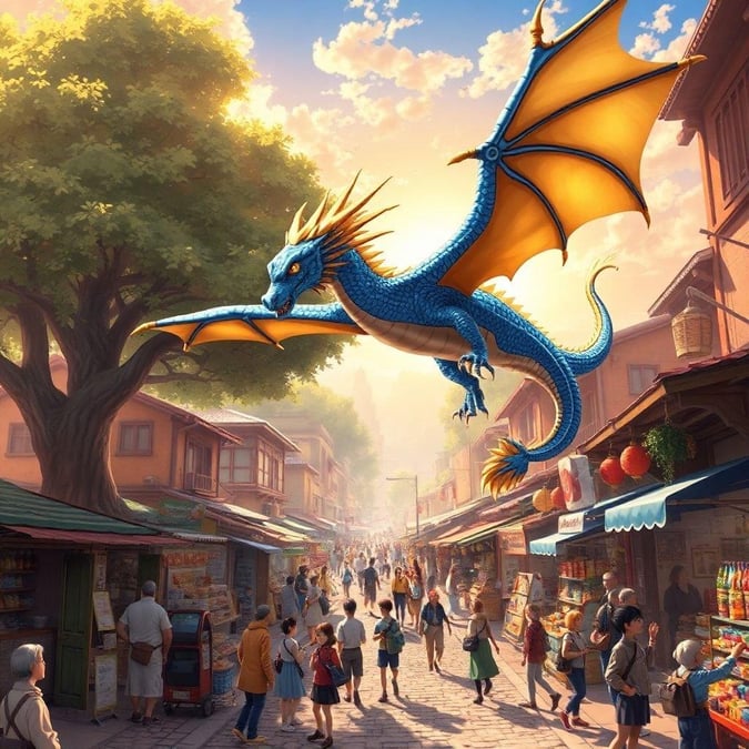 Une illustration numérique majestueuse d'un dragon volant au-dessus d'un marché animé, sur fond de lueur chaude du soleil couchant.