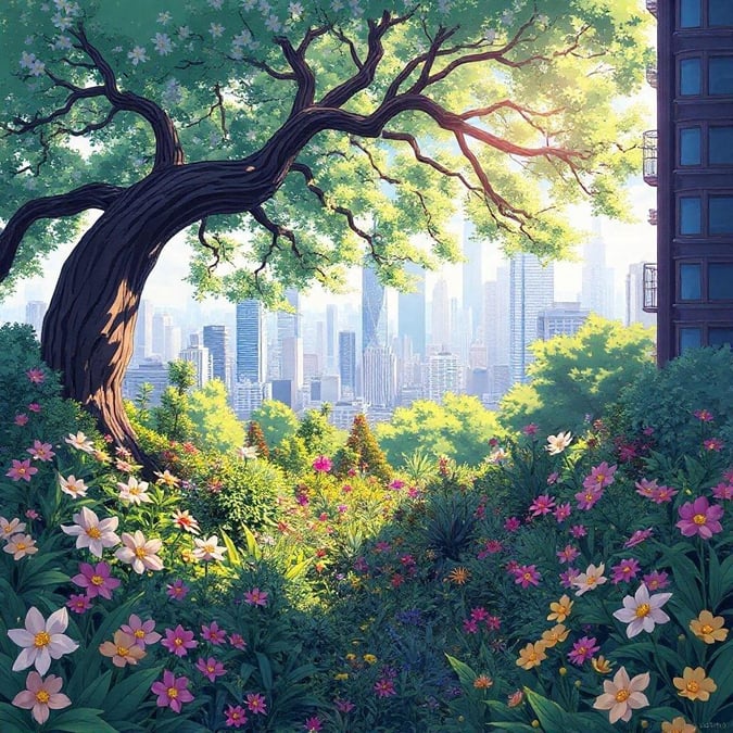 Escape the hustle and bustle of the city and find serenity in this anime-style garden oasis.