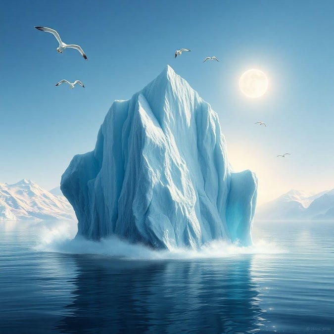 A breathtaking view of an iceberg rising from the deep blue waters, with seagulls soaring above. A perfect wallpaper for nature lovers.