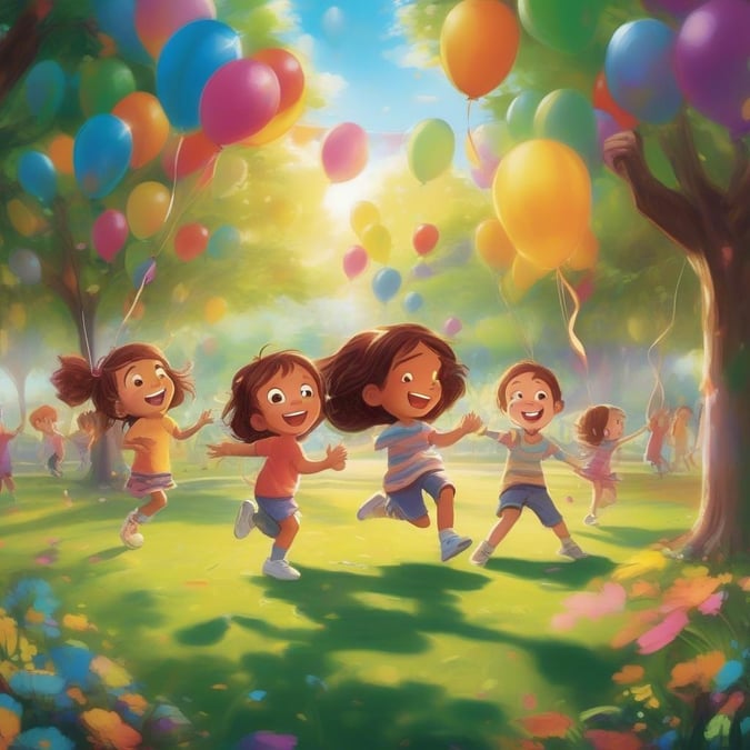 A cheerful group of children enjoying a sunny day at the park, flying balloons and running under the open sky.