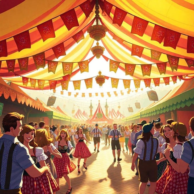 Get ready to prost and celebrate the spirit of Oktoberfest with this lively wallpaper. The image captures the essence of the famous German festival, with people dressed in traditional lederhosen and dirndls, enjoying beer and food, and dancing to lively music.