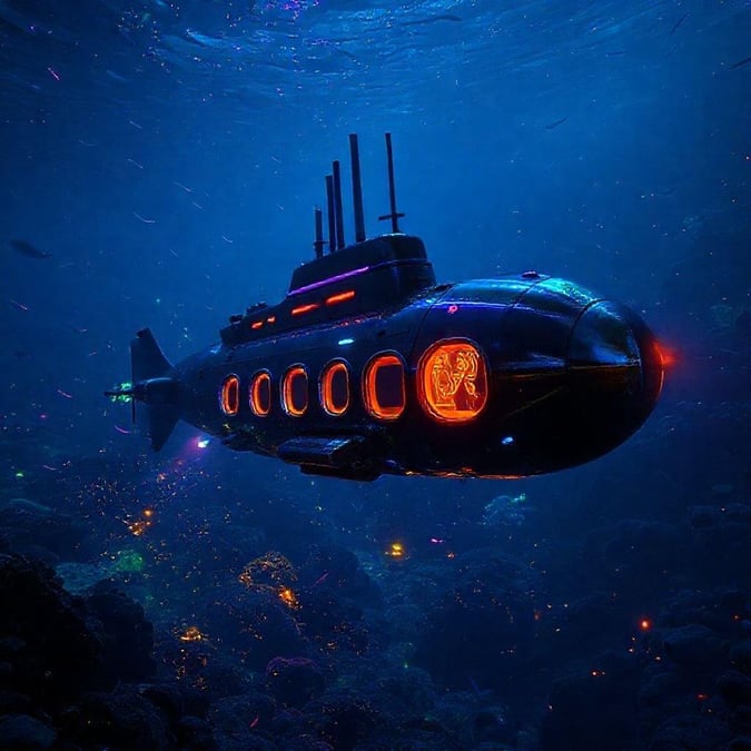 Explore the depths of the ocean in a futuristic submarine, designed for thrilling adventures.