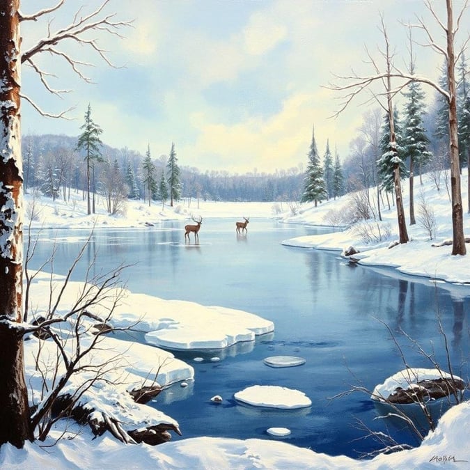 A tranquil winter scene with snow-covered trees, a frozen lake, and two deer enjoying the serene landscape.