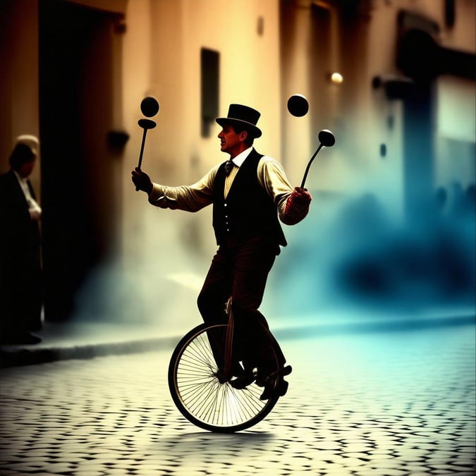 A whimsical scene capturing the essence of a bygone era, with a dapper gentleman juggling hats as he enjoys his leisurely ride on a vintage bicycle.