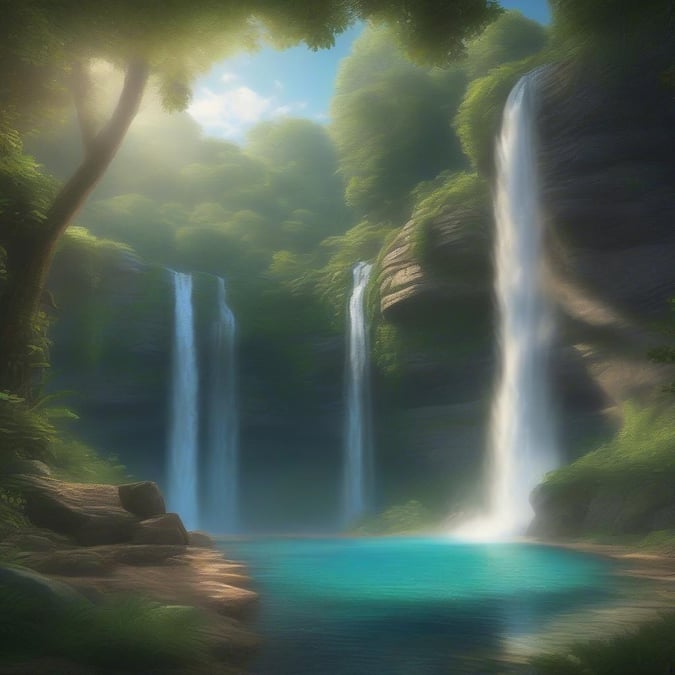 A breathtaking image of a waterfall surrounded by lush greenery, perfect for a relaxing and calming visual experience.