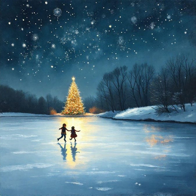 A cozy night scene where two children are enjoying a festive walk on the ice-covered lake towards a glowing, twinkling Christmas tree.