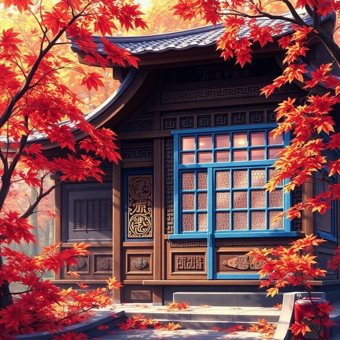 Immerse yourself in the serene beauty of this traditional Japanese tea house, where intricate wooden carvings and a large window with a blue frame create a stunning anime-style scene. The autumnal foliage adds a touch of tranquility, making this wallpaper perfect for your desktop or mobile device.