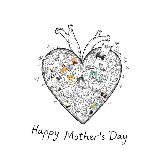 Celebrate mom with this special illustration of a heart filled with love! Inside each petal of the flower are photos of different moments shared between mother and child, making it a unique and personal tribute.