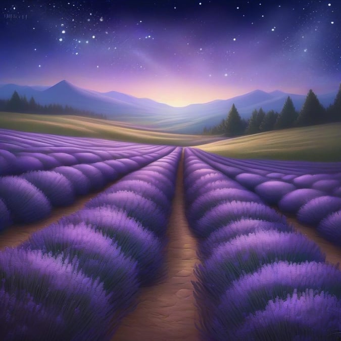 Immerse yourself in the serene beauty of a lavender field under the starry night sky. This captivating wallpaper transports you to a world of tranquility and natural wonder.