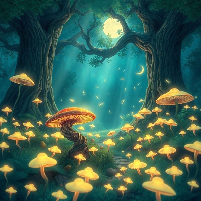 Step into a world of wonder with this enchanting wallpaper, featuring a mystical forest glade teeming with glowing mushrooms and ancient tree spirits. The central focus is a small, enigmatic mushroom, with a twisted, twisted stem, and a solitary mushroom, adding an ethereal touch to this mystical scene.