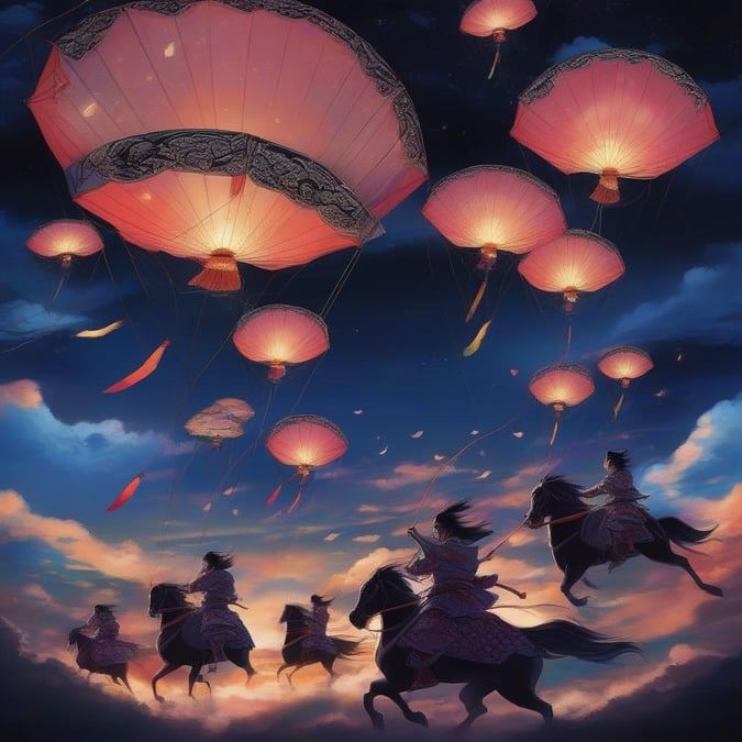 Immerse yourself in the captivating world of anime with this stunning wallpaper featuring samurai warriors riding giant kites. The vibrant colors and soft moonlight create an ethereal atmosphere, making this image perfect for desktop and mobile use.