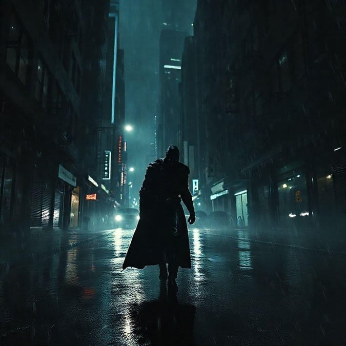 Le Chevalier Noir avance à travers les rues trempées de pluie de Gotham, prêt à affronter tout ce que la nuit lui réserve.