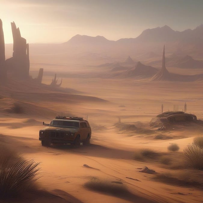 A lone vehicle ventures through the haunting landscape of a deserted Martian settlement.