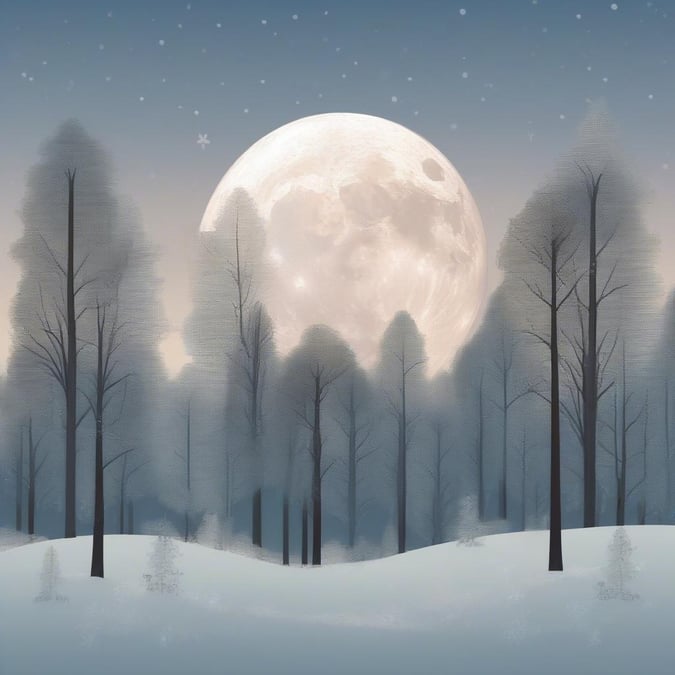 A peaceful winter scene featuring a full moon and snow-covered trees.