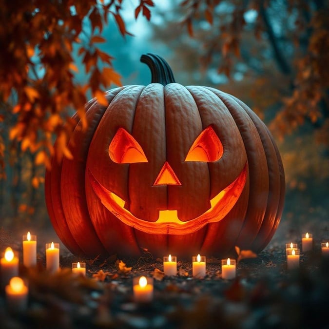 A traditional Halloween pumpkin carved with a classic jack-o'-lantern design, sitting on the ground amidst autumnal leaves. Perfect for desktop and mobile backgrounds.