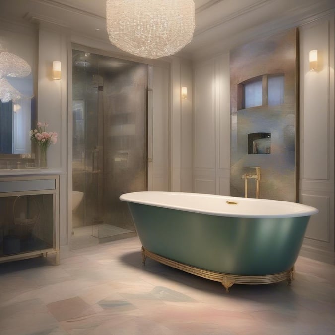 This bathroom exudes a sense of luxury and sophistication, featuring a free-standing clawfoot tub that invites relaxation. The use of neutral tones gives the space an air of calmness and tranquility.