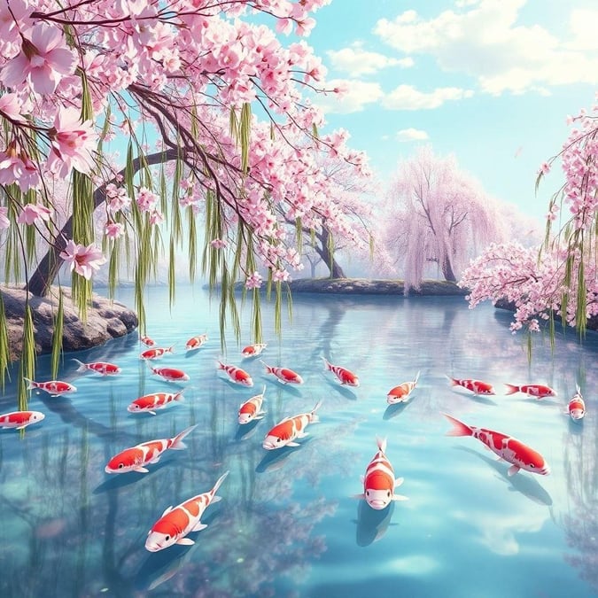 Immerse yourself in the tranquil world of this anime-style wallpaper, where pink koi fish swim amidst blooming cherry blossom trees, creating a serene and peaceful atmosphere.