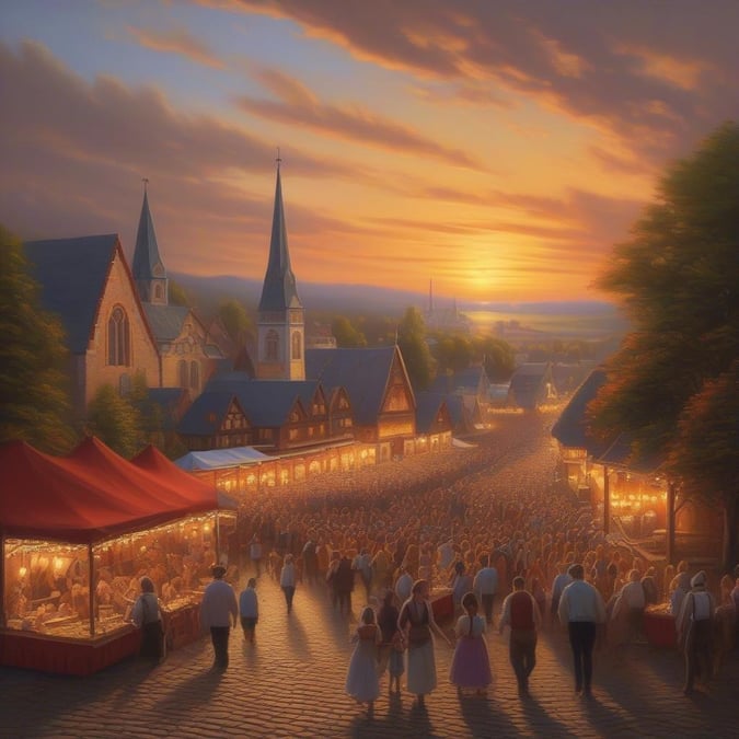 A lively scene from the world-renowned Oktoberfest festival. People fill the cobblestone streets, enjoying a day of traditional Bavarian fun with tents, food, and music abound.