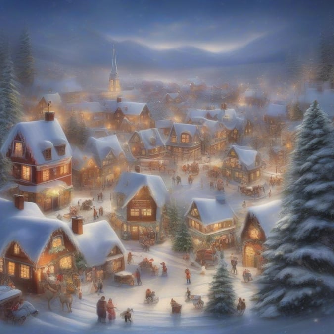 A festive village blanketed in snow, filled with the joy of holiday celebrations.