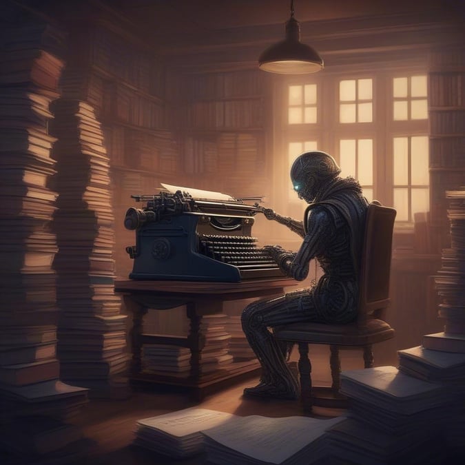 This digital art piece captures the essence of a futuristic world, where robots have taken over the role of authors. The scene depicts a humanoid robot seated at a desk, engrossed in writing on an old-fashioned typewriter. The desk is cluttered with stacks of books and papers, suggesting a serious work environment. The warm lighting from a nearby window adds a touch of nostalgia to the otherwise advanced setting.