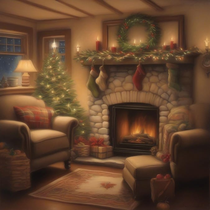 This image captures the warmth and joy of the holiday season, with a beautifully decorated Christmas tree, a crackling fireplace, and a festive wreath adorning the mantle.