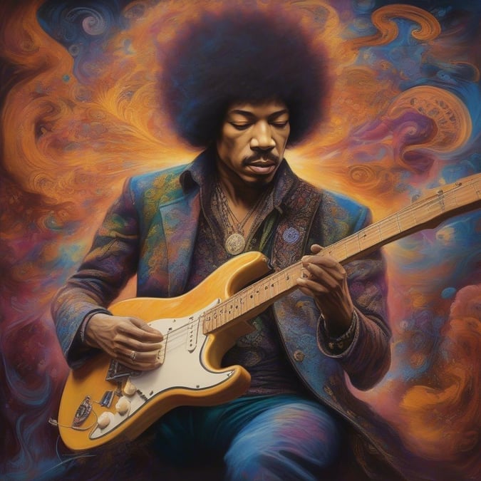 This image features the iconic musician, Jimi Hendrix, known for his legendary contributions to rock music. He's holding a guitar and wearing a vibrant jacket that reflects his unique style.