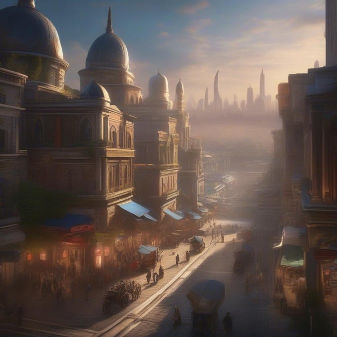 A bustling city street in a fantasy setting, adorned with ornate architecture and lively characters, as the day transitions to dusk.