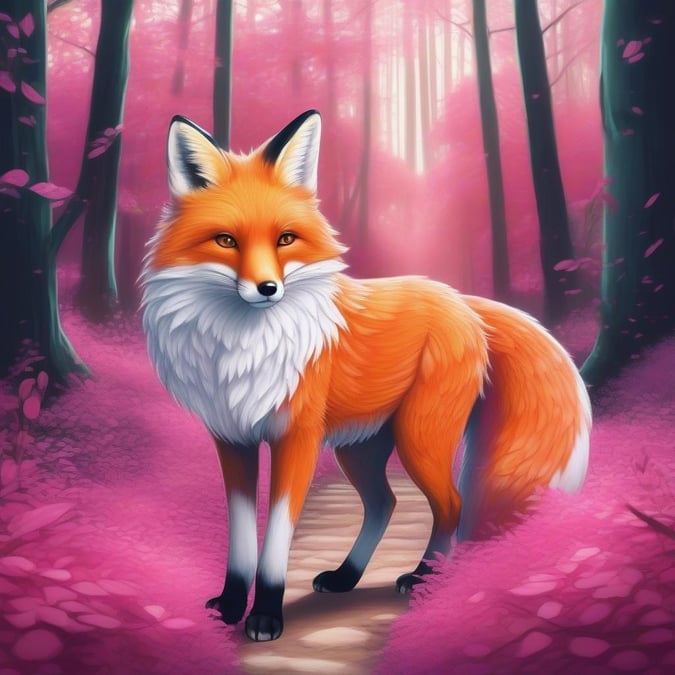 This anime-style illustration features a fox standing on a forest path, surrounded by a serene and vibrant environment.