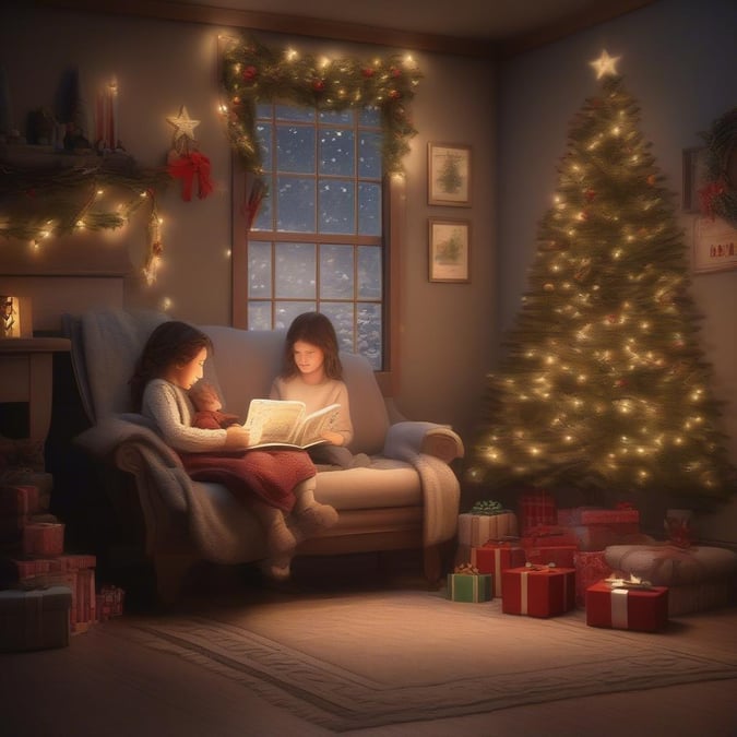 Two girls share the joy of reading in a cozy living room decorated with festive Christmas lights and ornaments, capturing the spirit of the holiday season.