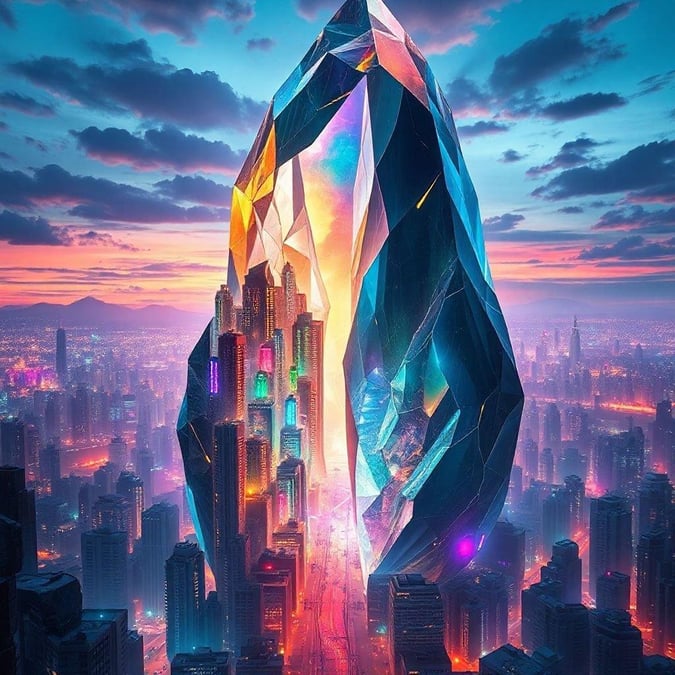 A futuristic city skyline at dusk, illuminated by the glowing core of a multi-colored crystalline tower. The cityscape is bathed in neon lights and reflective surfaces, with high-rise buildings reaching into the evening sky. A surreal blend of modern architecture and gemstone opulence.