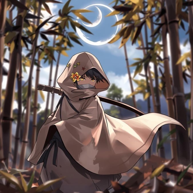 A beautiful anime wallpaper featuring a sneaky ninja in a bamboo forest under the light of a crescent moon. The ninja is dressed in a white cloaked cloak with a long tail, and a long, flowing tail. The cloak is a light brown color, with a small yellow flower on top, and a small red flower below it. The background is a blurry, natural landscape with tall bamboo trees and a blue sky, creating an anime-like atmosphere.