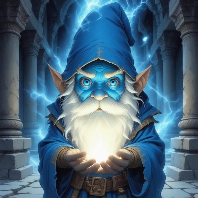 A captivating fantasy illustration of a gnome with a glowing blue face, holding a magical aura, set against a dark background with intricate temple architecture.