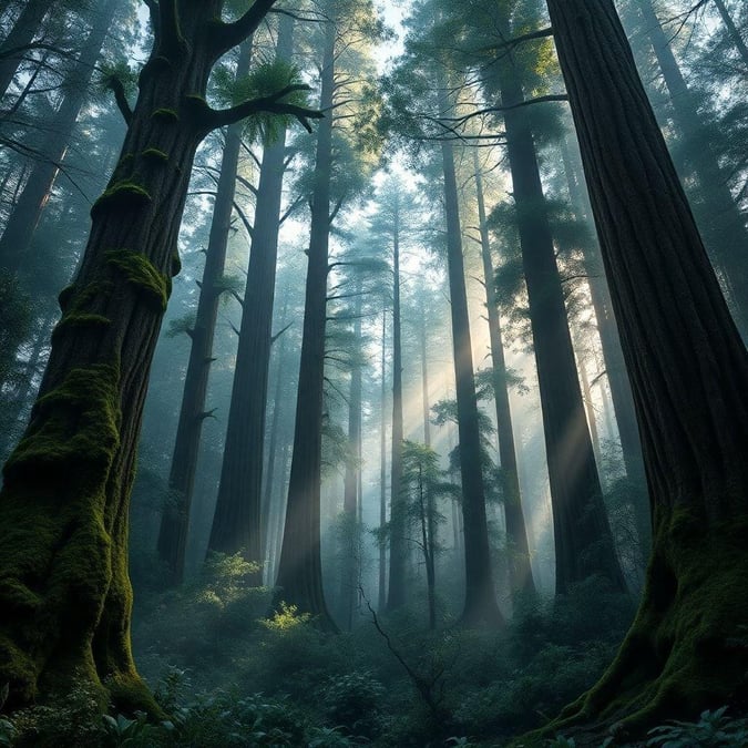 Misty morning in an ancient redwood forest, with the sun piercing through the fog-shrouded trees, bathing the forest floor in a warm glow.