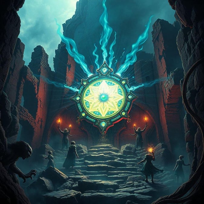 In the heart of darkness, a mystical assembly unfolds. The chosen few stand before the ancient artifact, their eyes locked in reverence and anticipation. As the light from the artifact grows brighter, they sense an impending change, a transformation that will reshape reality as they know it.