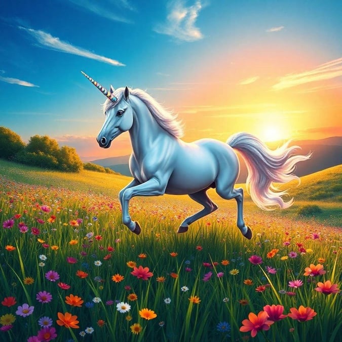 This enchanting wallpaper features a majestic unicorn prancing through a vibrant field of flowers, set against a backdrop of rolling hills and a radiant sunset. The unicorn's shimmering coat and flowing mane are perfectly captured in this digital artwork, making it a delightful addition to any desktop or mobile device.