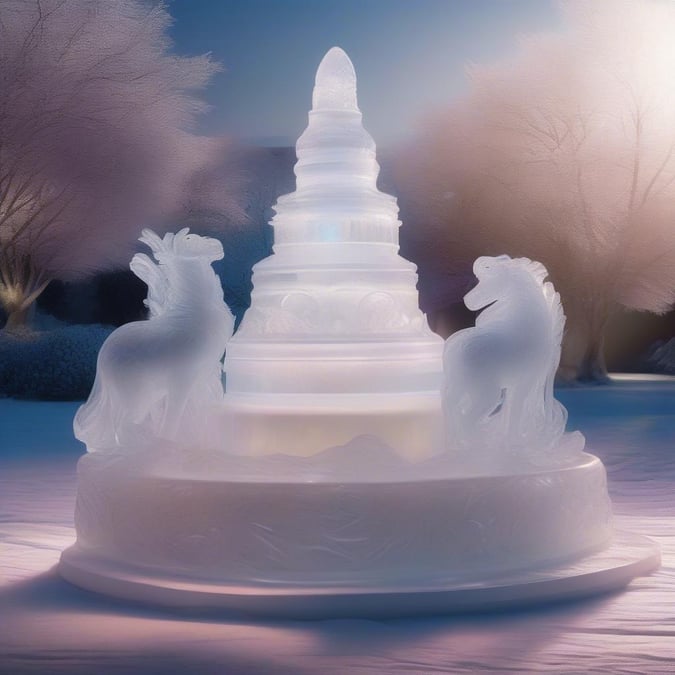 A magical winter wonderland with a grand ice sculpture at its center, surrounded by two majestic ice horses.