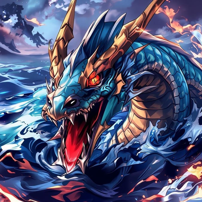 A breathtaking anime-style illustration of a majestic dragon emerging from the depths of the ocean, its shimmering turquoise and gold scales glistening in the light.