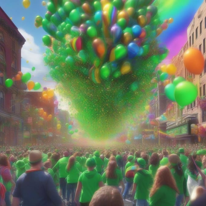 A lively St. Patrick's Day parade in a vibrant city square, filled with people dressed in green celebrating the festivities.