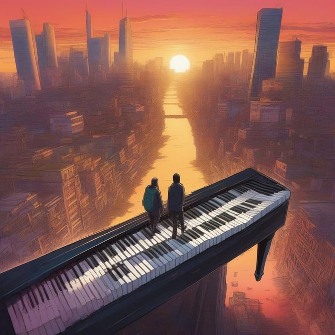 This image is a creative representation of music and its connection to the world around us. The piano keyboard floating in the air, with two people standing on it, suggests a sense of freedom and joy. The cityscape in the background adds a sense of urbanity and modernity, while the sunset or sunrise adds a sense of warmth and hope.