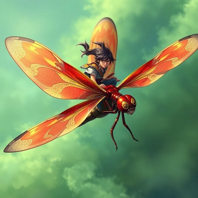 A young samurai in action, riding the majestic dragonfly adorned with intricate patterns and red/yellow wings. The powerful pose captures a sense of motion amidst a misty blur of green/blue hues.