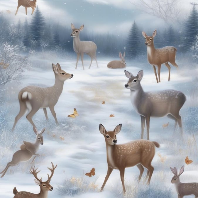 A group of deer enjoy the snowy winter day together.