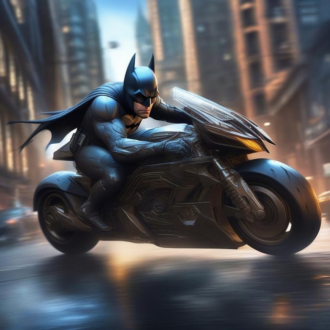 No coração de Gotham, Batman sai para as ruas em sua motocicleta futurista, pronto para responder a qualquer desafio que possa surgir.