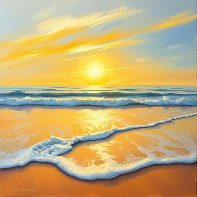 A tranquil scene of an empty beach with gentle waves lapping against the sand as the sun sets, casting a warm glow over the ocean and sky.